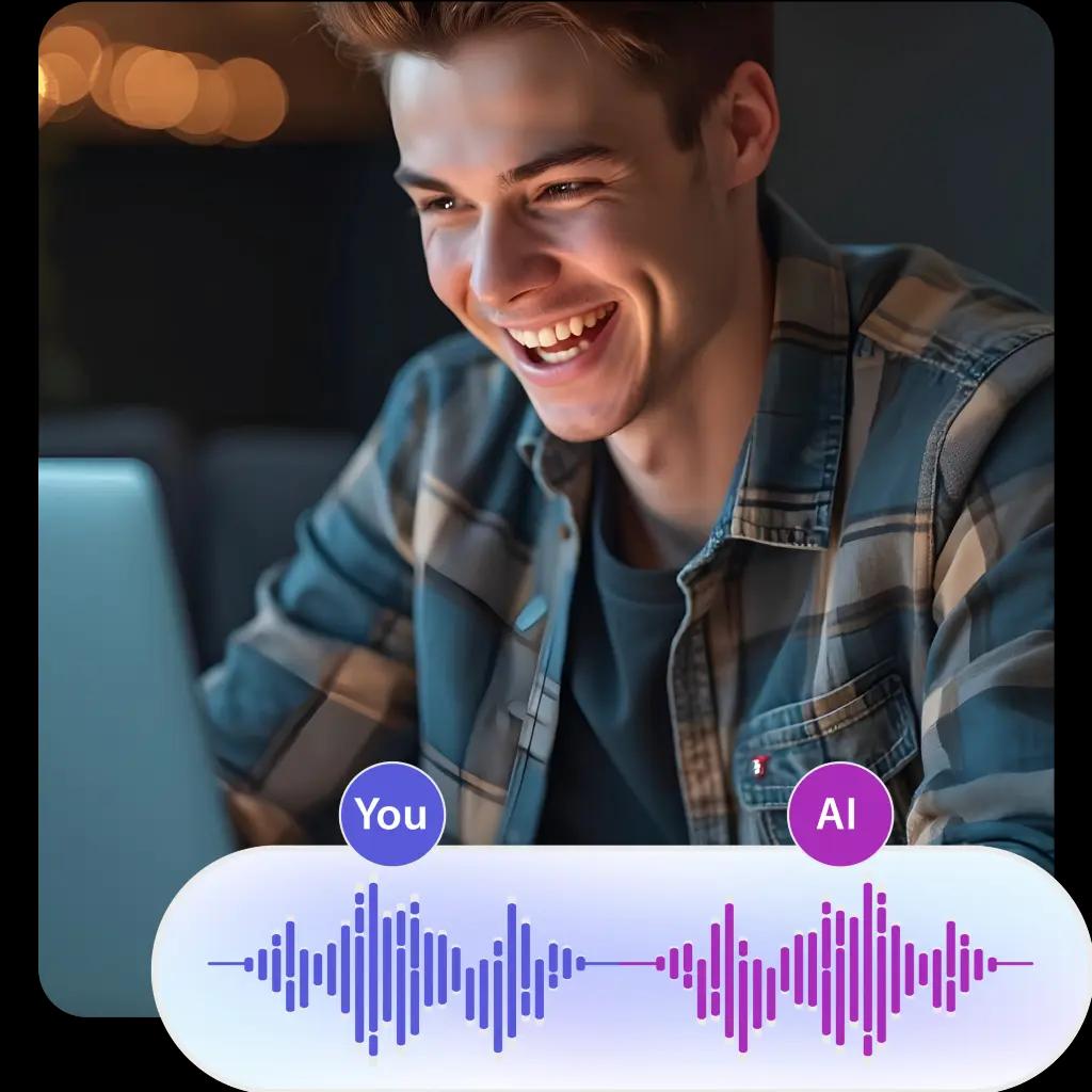 Smiling man using AI Audio voice cloning software on a laptop.
