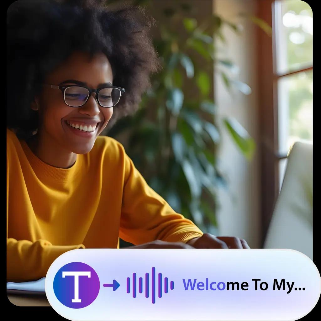 Happy woman using AI Audio text-to-speech software on laptop.
