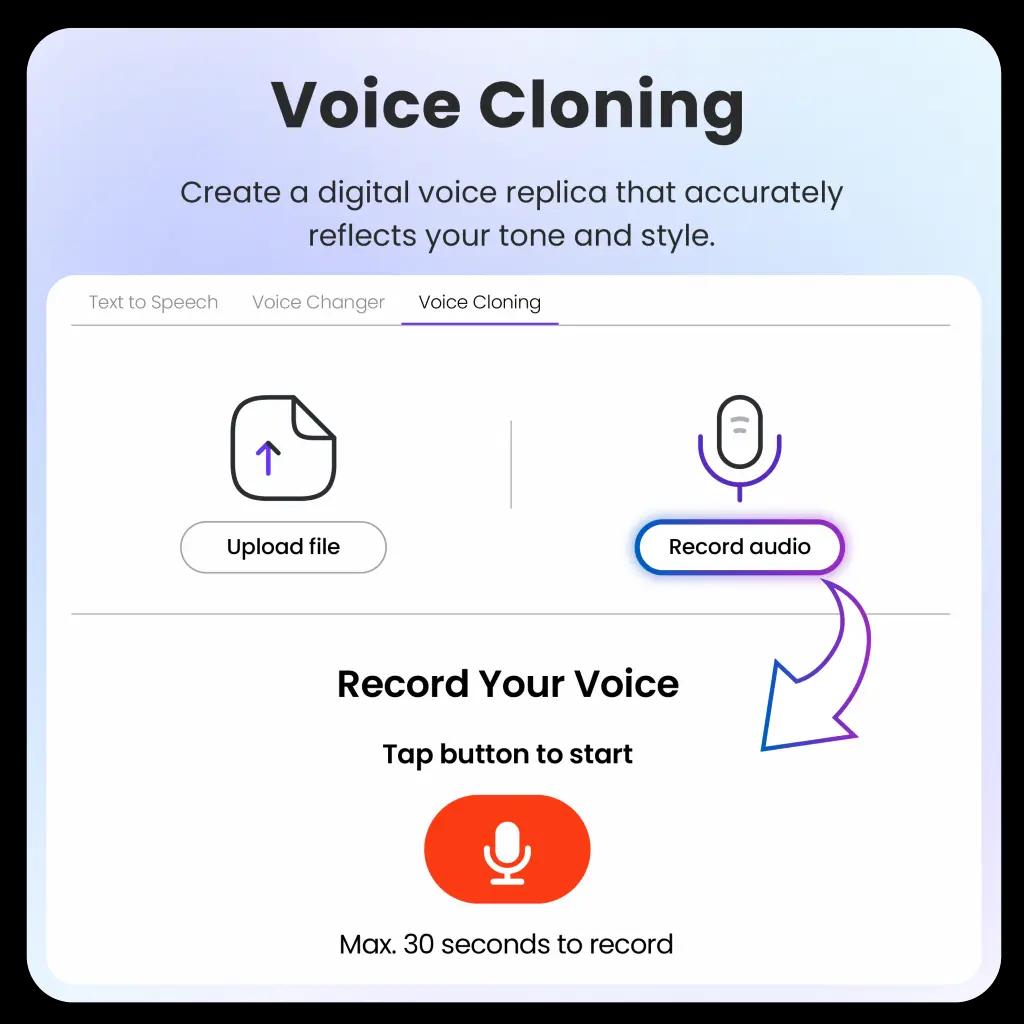 Voice cloning interface for recording digital voice replicas.