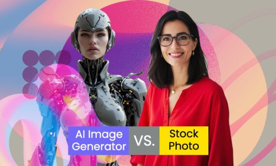 A woman and a man wearing garments, both smiling. The woman is wearing glasses and standing next to the man, who is also dressed stylishly. There is text in the background with a magenta color.