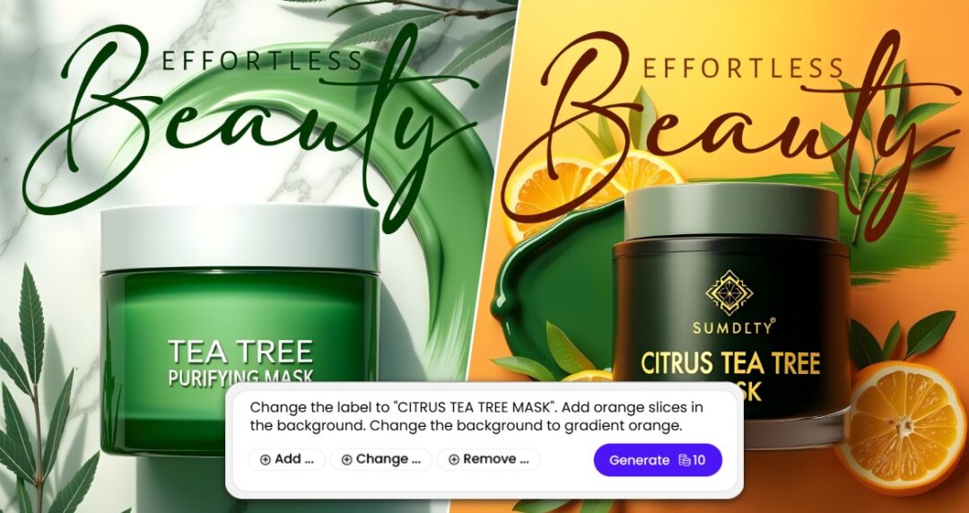 Two cosmetic product designs compare a green tea tree mask with a citrus version, showing AI-generated edits like label, background, and element changes.
