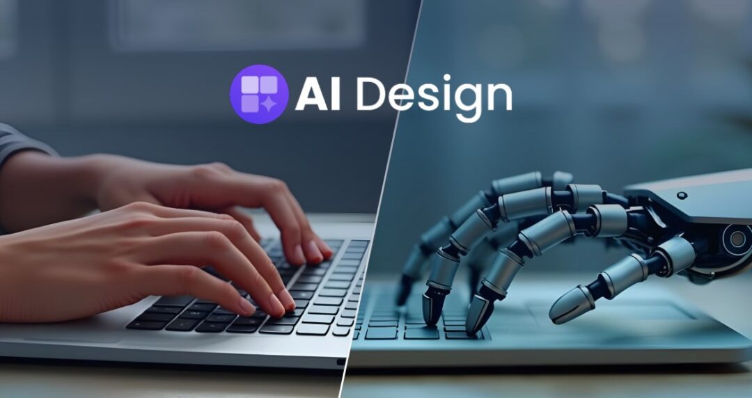 A split-screen image of human hands and robotic fingers typing on laptops, with the text "AI Design" and a purple icon at the center.
