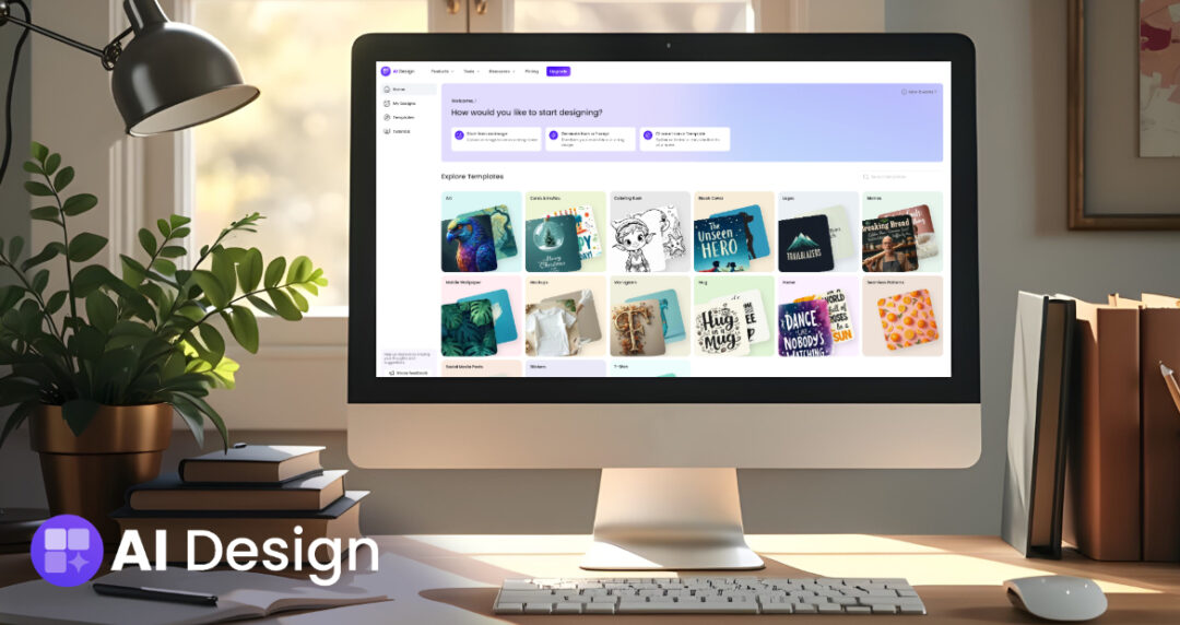 A modern desktop screen displays an AI design platform with templates, set in a cozy workspace with books, plants, and warm natural light.