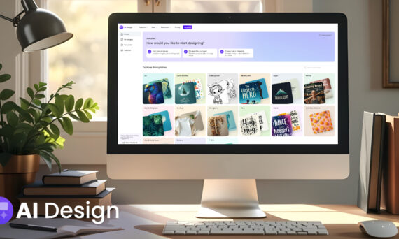 A modern desktop screen displays an AI design platform with templates, set in a cozy workspace with books, plants, and warm natural light.