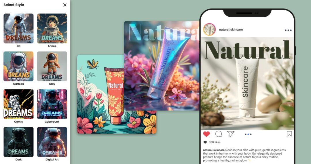 A skincare ad design showcasing various art styles including cartoon, 3D, and clay, with natural-themed product visuals and a mock Instagram post.
