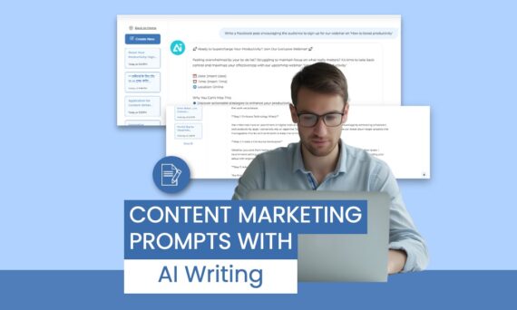 A screenshot of a graphical user interface displaying a chat or text message application with the title "Content Marketing Prompts with AI Writing." The interface features text content and includes a human face, showing a man in casual clothing.