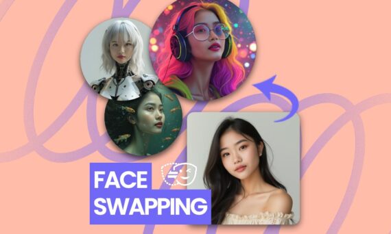 A graphical user interface displaying an application for face swapping, featuring a smiling woman with a pink background.