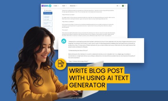 A graphical user interface displaying a text messaging application. The interface includes a section labeled "WRITE BLOG POST WITH USING AI TEXT GENERATOR" and showcases a chat or text message format. The design elements suggest interaction in a digital environment, typical of communication applications.
