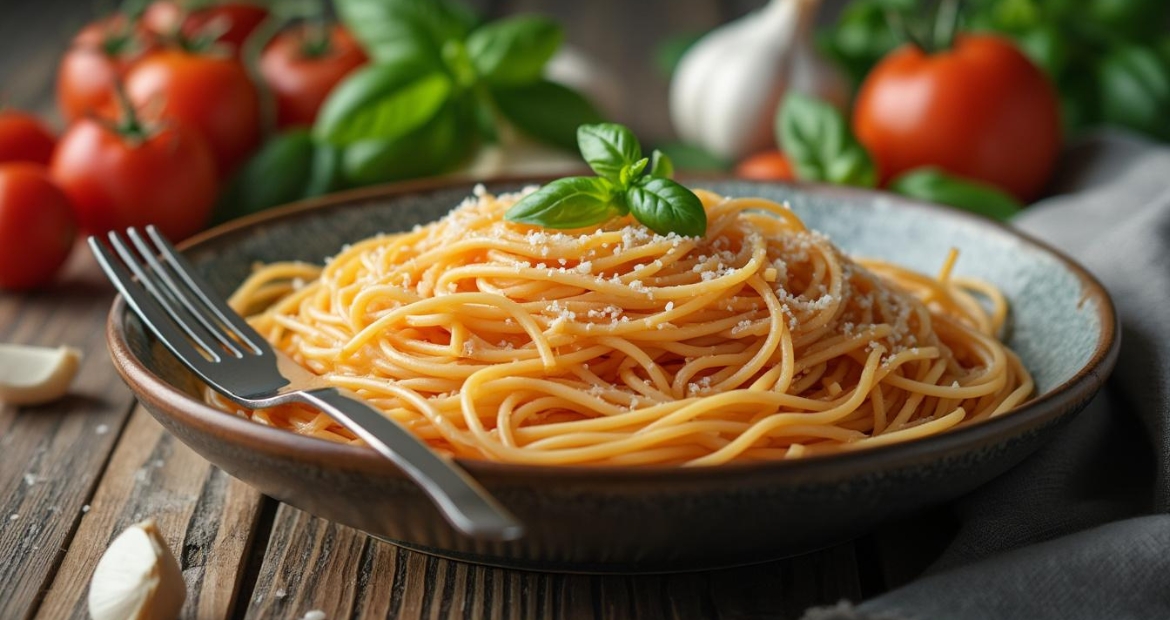 A delicious bowl of spaghetti with a fork resting on a wooden table, surrounded by fresh ingredients like tomatoes, basil, and garlic in soft natural lighting.