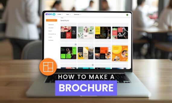 A laptop displaying the title "HOW TO MAKE A BROCHURE" on a table.