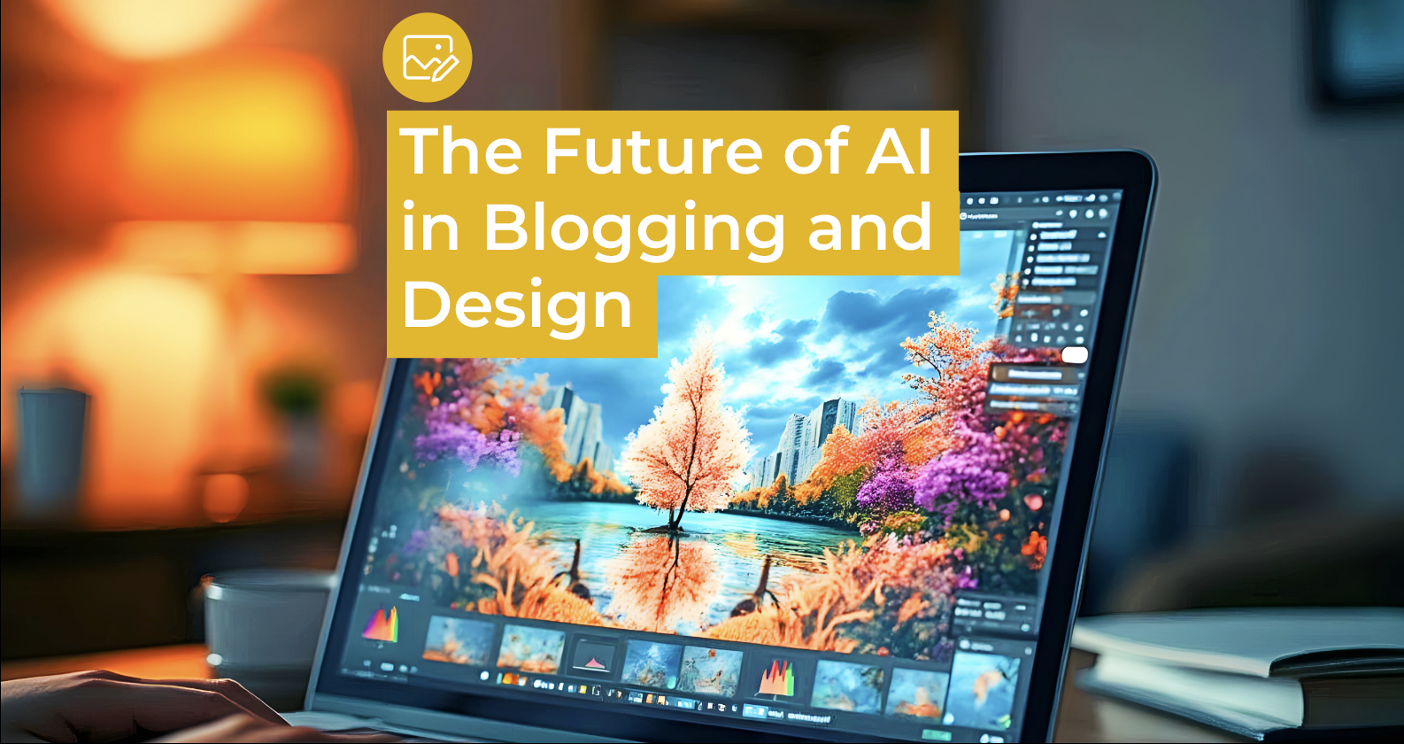 A laptop displaying the text "The Future of AI in Blogging and Design" on its screen.