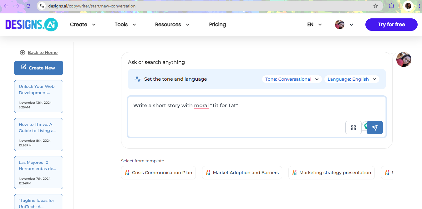 create content on AI writer tool 