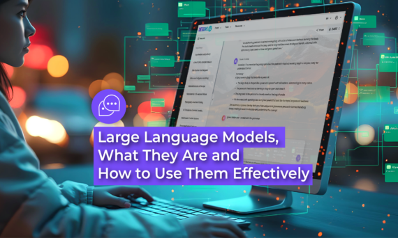 A person working on a laptop computer, focused on the screen displaying text about Large Language Models and their effective use. The setting is indoors with various electronic devices around.