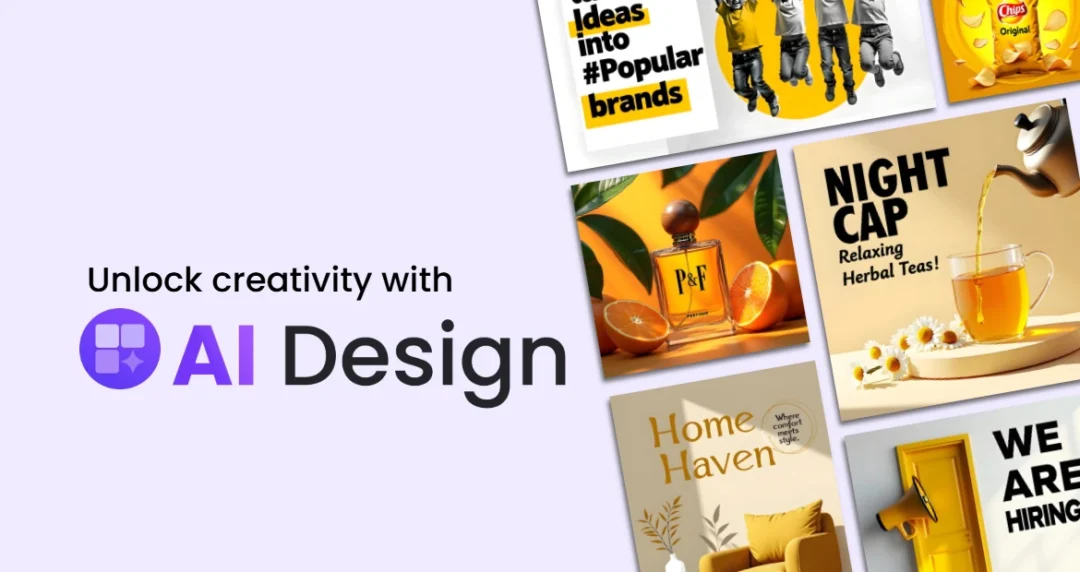 AI design platform showcases various creative templates including ads for tea, perfume, home decor, and hiring, with a call to unlock creativity.