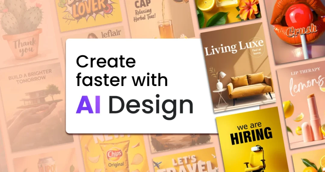 AI design platform promotes faster content creation, displaying ad templates for travel, decor, snacks, hiring, and wellness products.