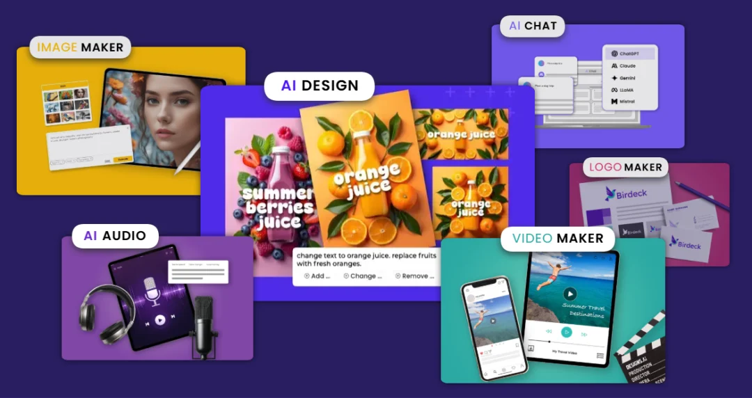 A colorful layout showcasing various AI tools for marketing, including image, video, logo, audio, chat, and design makers, each with distinct visuals.
