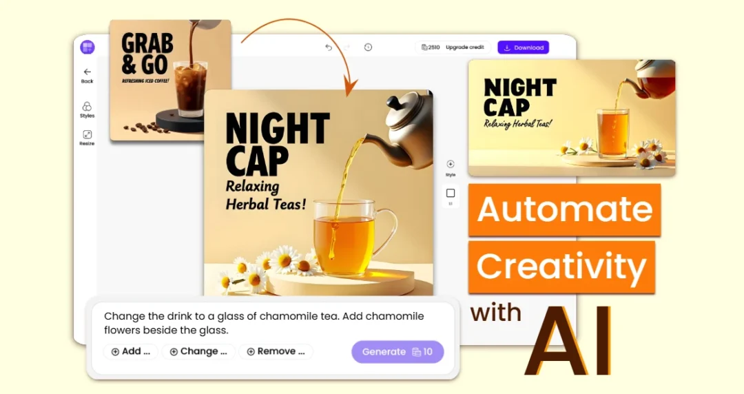 AI design tool transforms an iced coffee ad into a calming chamomile tea poster, showing text-based edits and automated visual changes.