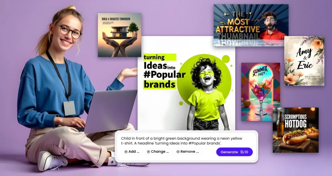 A smiling woman with a laptop gestures toward vibrant AI-generated posters, centered around the phrase "Turning Ideas into #Popular Brands."