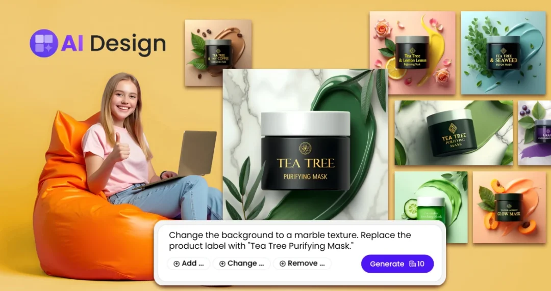 A smiling user sits with a laptop beside AI-generated beauty product visuals, showing design edits like marble backgrounds and custom labels.