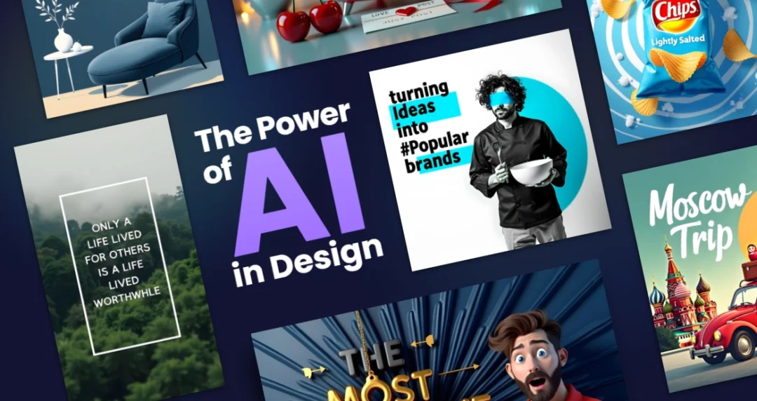 A vibrant collage showcasing diverse AI-generated designs from branding to travel, highlighting the power of AI in transforming creative visuals.