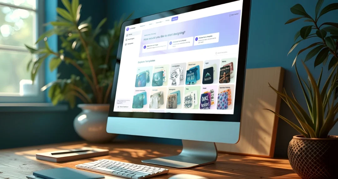 A desktop screen displays a design platform with templates, surrounded by plants and natural light in a cozy workspace.